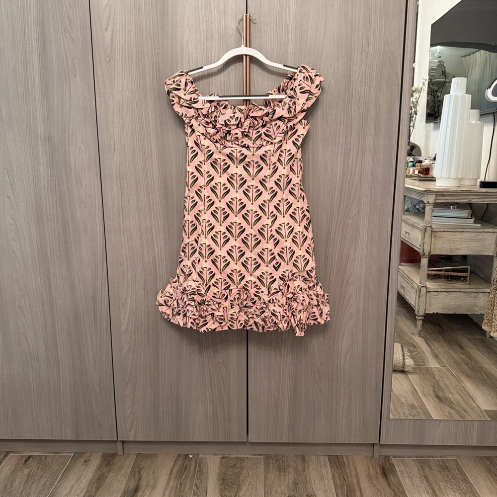 Agua Bendita Pink Ruffle Off-Shoulder Mini Dress